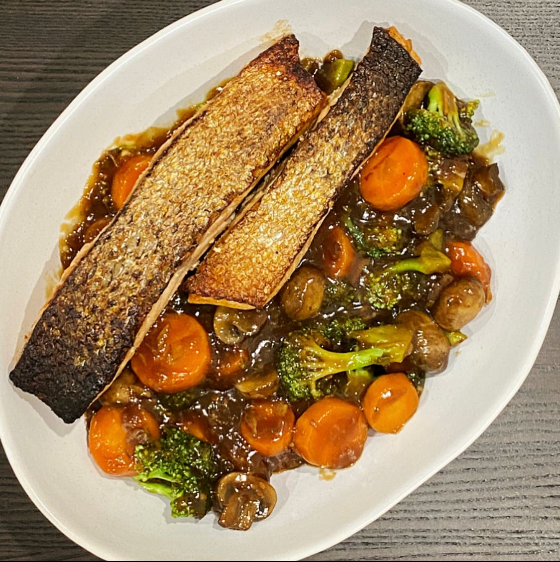 Pan-seared Salmon with Chinese Stir-Fried Veggies