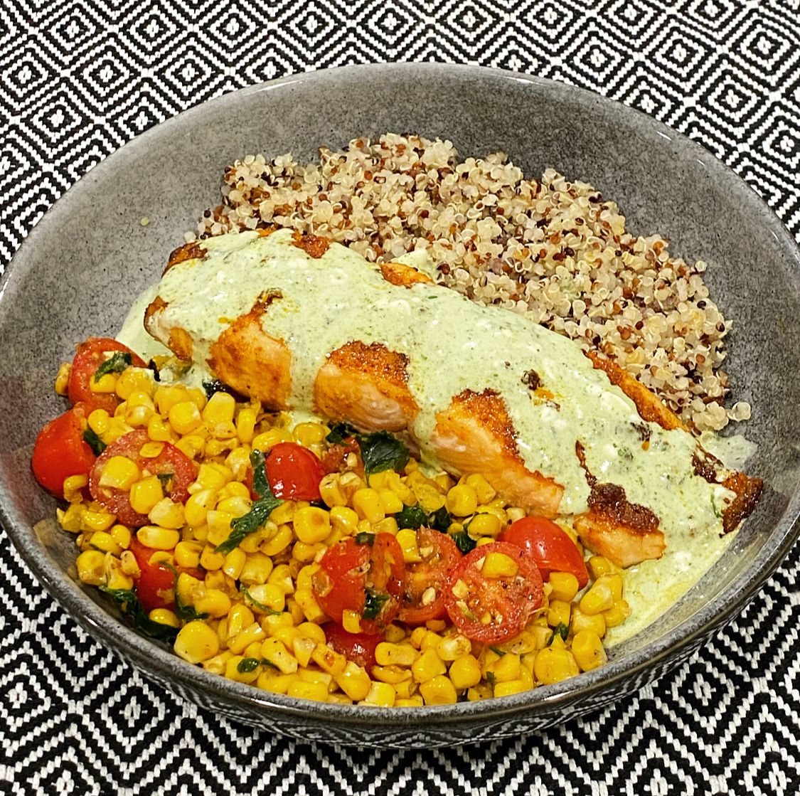 Salmon with Basil Sauce and Tomato-Corn Salad