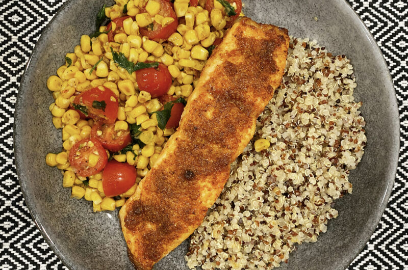 Salmon with Basil Sauce and Tomato-Corn Salad