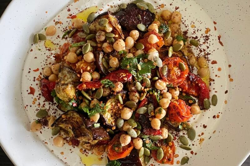 Roasted Eggplant & Chickpea Salad with Tahini Yogurt Sauce