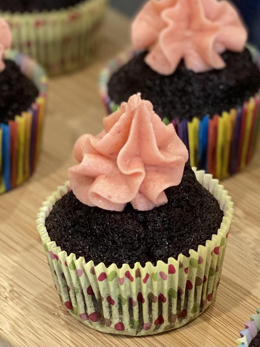 Chocolate Cupcakes with Strawberry Frosting
