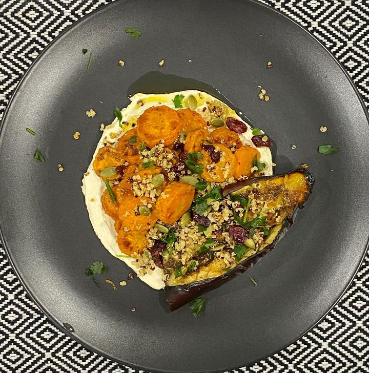 Roasted Eggplants & Carrots with Whipped Tahini & Crispy Quinoa
